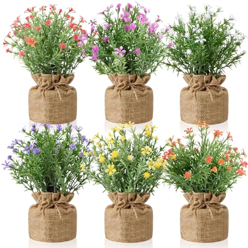Yunlly 6 Pcs Artificial Pot Wildflowers Fake Plants Flowers Burlap Potted Plant Artificial Plants in Pots Spring Decorations for Wedding Home Desk Tabletop Outdoor Office Kitchen
