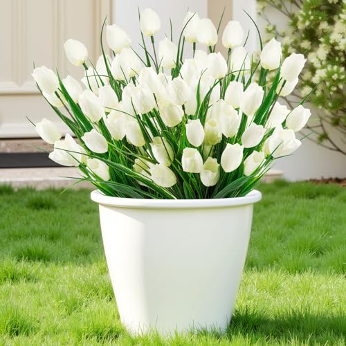 12 Bundles Tulips Artificial Flowers, 60 Heads Outdoor Artificial Tulip Faux Plastic Greenery Shrubs Plants UV Resistant for Easter Home Outside Garden Porch Window Decor (White) - color: White, size: 12 PCS