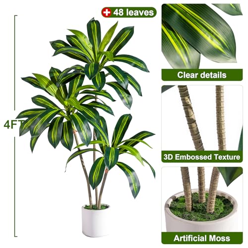 Tall Fake Tree Artificial Trees Plant with White Planter Pot Indoor Outdoor Potted Silk Plants Large Faux Trees loor Floor for Home Living Room Office Outside Patio para decoracion Housewarming Gift - size: 4ft