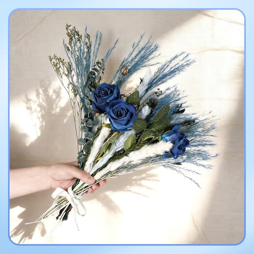 Boho Decor Bouquet Blue Pampas Grass Dried Flowers and Artificial Flowers for Home Office Wedding Centerpieces Vases