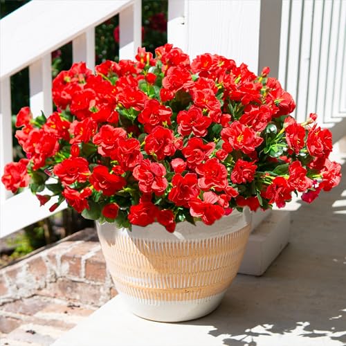 HyeFlora Artificial Fake Flowers for Outdoor Outside Spring Decoration, Fake Silk Red Camellia Flower UV Resistant Realistic Plants for Planter Front Door Porch Patio Table Indoor, 3 Large Bundles - color: Red