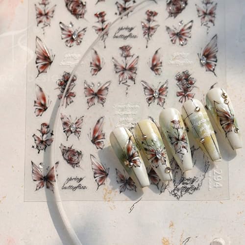 Retro Butterfly Nail Stickers - 5D Emboosed Red-Black Gradient Nail Decals 1PCS Summer Rose Butterfly Nails Adhesive Stickers with Rhinstone Design Spakrling Nail Art Supplies for Manicure Decor - style: Style9-Retro Blcak Butterfly