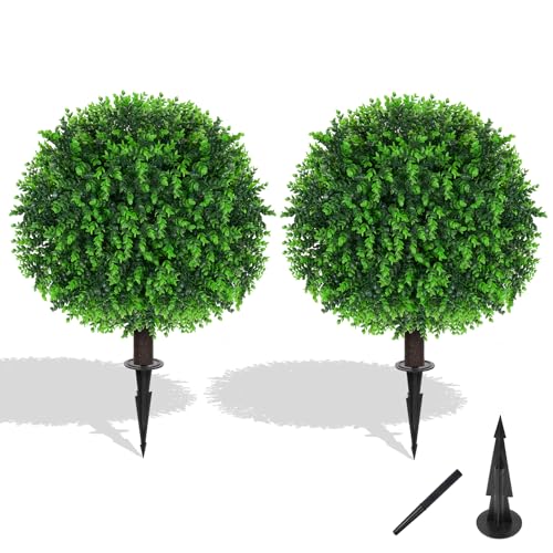 Grooy Artificial Topiary Tree with Eucalyptus, Set of 2 Artificial Shrub Bushes with Ground Spike, Fake Evergreen Tree for Porch, Artificial Plants for Outdoor Planters Indoor UV Resistant - color: Green Eucalyptus