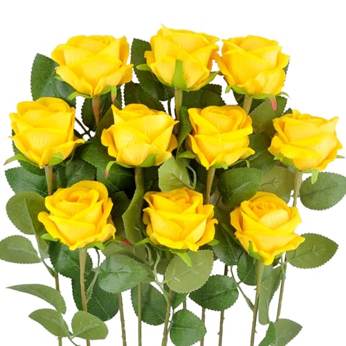 Kenpal Realistic Fake Roses Artificial Flowers with Stem for Decoration Floral Arrangement Centerpieces Wedding Bouquets (10, Yellow) - color: Yellow