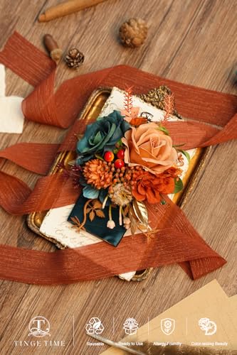 TINGE TIME Boutonniere for Men Wedding,Groom and Best Man Boutonniere for Wedding, Prom, Homecoming, Anniversary, Graduation (Burnt Orange & Dark Teal) - color: Burnt Orange & Dark Teal