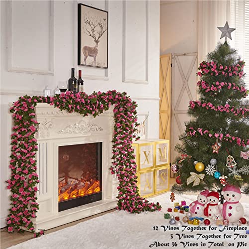 PONKING 8 Pcs x 8.2 ft Flower Garland Artificial Rose Vine Flowers with Green Leaves Hanging Fake Roses Vine for Room Party Home Wedding Birthday Christmas Wall Arch Decor, Spring Magenta Flower - color: Spring-magenta-8pcs, size: 8 Vines 66FT