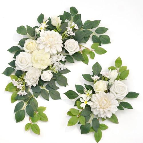 Wedding Decor (Pack of 2) Welcome Sign Flower Backdrop Garland for Ceremony Reception Wall Easel Home Decoration Entryway Faux Outdoor Board Head Table Decor (White) - color: White