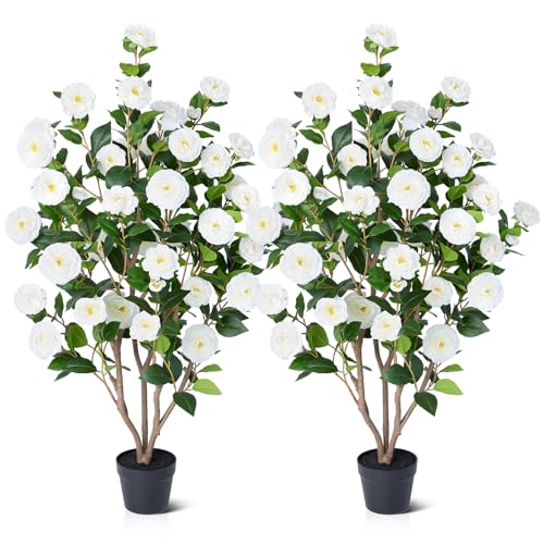 VeriNatural 48" Artificial Camellia Tree 2-Pack, Faux Silk Flowers in Cement Pot, Lifelike Greenery, No Maintenance, Perfect for Indoor/Outdoor Home Office Porch Decor - size: 48in