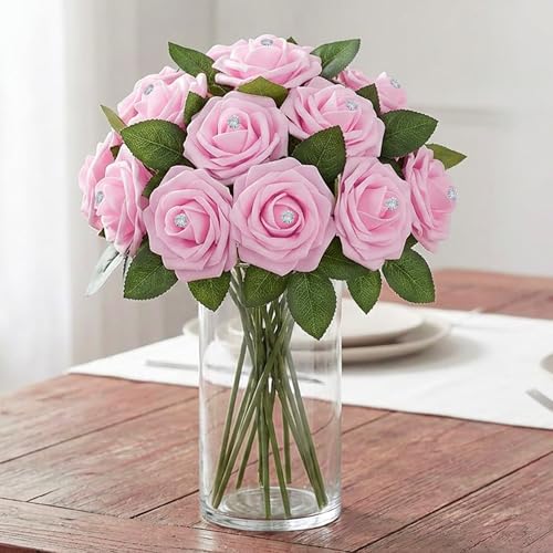 100Pcs Real Looking Pink with Diamonds Artificial Rose Flower Heads, Foam Fake Roses for DIY Wedding Decorations Baby Shower Centerpieces Home Party Valentine's Day Mother's Day Decor - color: 100pcs Pink With Diamonds