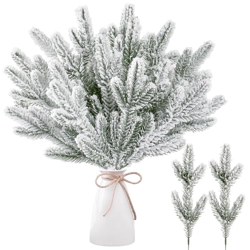 Sggvecsy 15 Pcs Snow Frosted Artificial Pine Branches Christmas Snowy Pine Needles Fake Greenery Pine Spray Picks for DIY Crafts Garland Wreath Xmas Embellishing Home Holiday Decoration