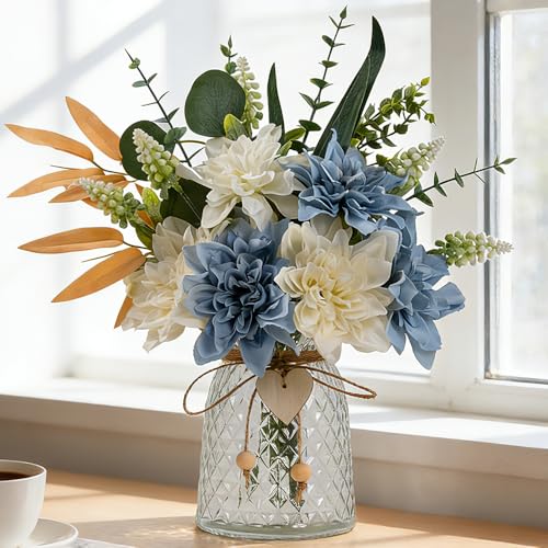 Fake Flowers with Vase Silk Flowers in Vase Dahlia Flowers Arrangement Suitable for Home Office Decoration, Dining Table Centerpiece (Dahlia-White Blue) - color: Dahlia-white Blue