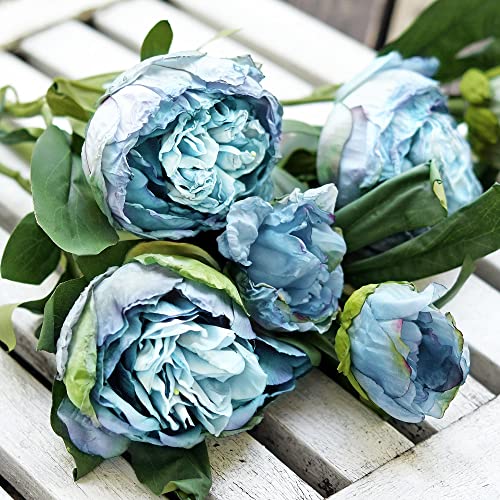 FiveSeasonStuff Vintage Dusty Blue Peonies – Realistic Artificial Silk Flowers with Dry-Look Petals, 6 Stems for Rustic Home & Wedding Bridesmaids Bouquet Bridal Showers - color: Dusty Blue (6 Stems)