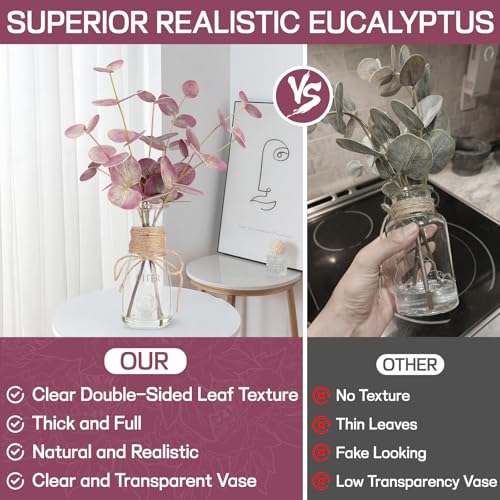 Artificial Eucalyptus Stems in Glass Vase with Faux Water, 15" Realistic Fake Plants for Bathroom Counter Decor, Small Faux Greenery for Coffee Table Centerpieces, Office Desk and Shelf Decor - color: Double-sided Red Eucalyptus