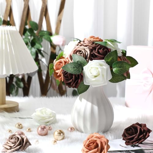 50 Pcs Artificial Foam Rose Flower Faux Bouquet Wedding Fake Rose Gift for Mother's Day Women DIY Bridal Shower Party Table Birthday Home Spring Decor (Shades of Earth Tones) - color: Shades of Earth Tones