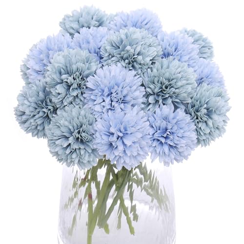 Kimura's Cabin 20Pcs Chrysanthemum Artificial Flowers Silk Mums Flower with Stem Balls Flowers for Wedding Party Bouquets Arrangements Home Coffee Table DIY Decoration Vase Fillers(Blue) - color: Sky Blue, Dark Blue