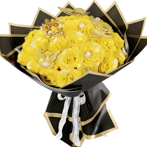 Yellow Glitter Roses Bouquet, 36 Pcs Shiny Glitter Flowers Bouquet, Everlasting DIY Artificial Roses Bouquet for Christmas, Birthday, Anniversary, Wedding, Engagement - color: Yellow-a, size: 36 PCS
