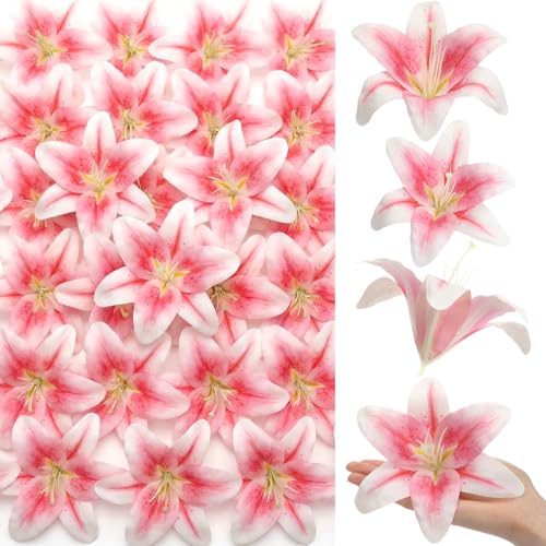 Suncalla 30 Pack Large Artificial Lilies Flower Heads with Realistic Stamens 5.9" Faux Fake Lily Flower Heads Bulk for DIY Crafts Cake Wedding Bridal Wreaths Table Home Party Decor(Light Pink) - color: Light Pink