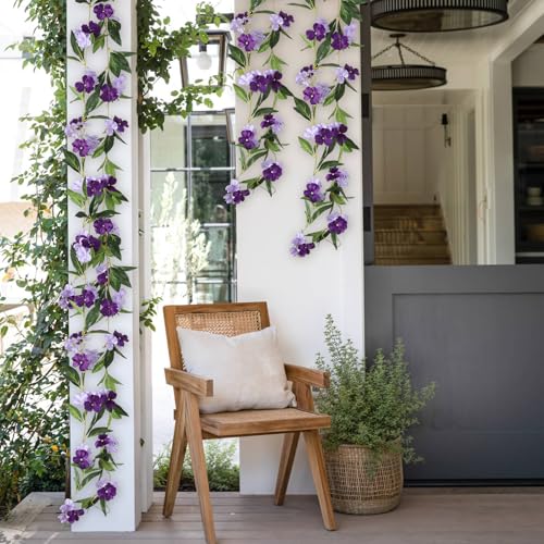 JUSTOYOU Artificial Vines Purple Flower Garland Artificial Impatiens Flowers for Outdoors Hanging Floral Vines for Home Decor Wall Fence Stairway Indoor Outdoor Wedding Hanging Baskets(2 Pcs) - color: Impatiens Flowers-purple