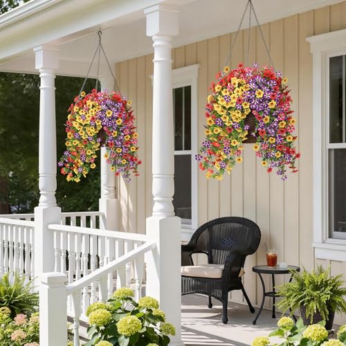 4 Bundles Artificial Hanging Morning Glory Flowers for Outdoor, Realistic Hanging Flowers Silk Fake Morning Glory with Faux Eucalyptus for Yard Garden Porch Patio Balcony Home Decor (Mixed Color) - color: Mixed Color