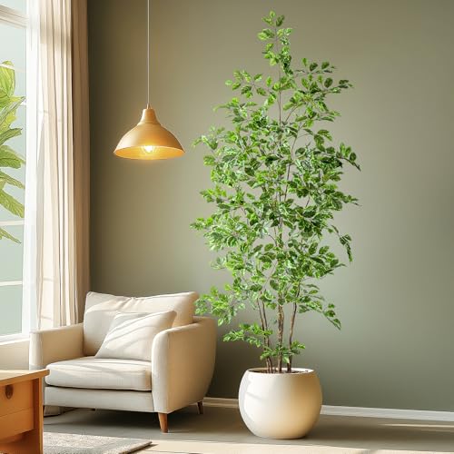 Bailikang Artificial Ficus Tree Indoor 7ft, Large Potted Faux Tree with Realistic Silk Leaves & Trunk for Home Office, Living Room Corner Decor - color: White Green, size: 7ft