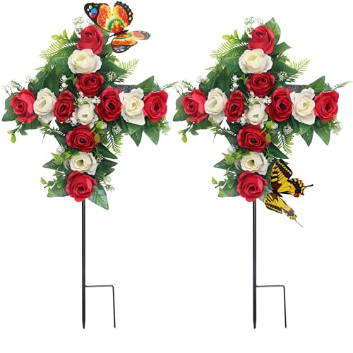 Artificial Cemetery Flowers,Set of 2 Faux Floral Cross,Artificial Rose Bouquet Decoration for Cemetery Headstones Gravesites,Silk Flowers for Long-Lasting Remembrance (red) - color: Red