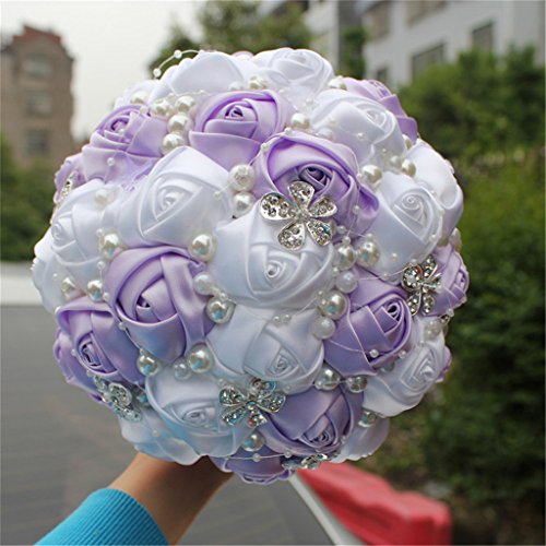 S_SSOY Wedding Bouquet Bride Bridal Brooch Bouquets Bridesmaid Bouquet Diamond Pearl Ribbon Valentine's Day Confession Party Church with Free Corsage Flower, Purple+White - color: Purple+white