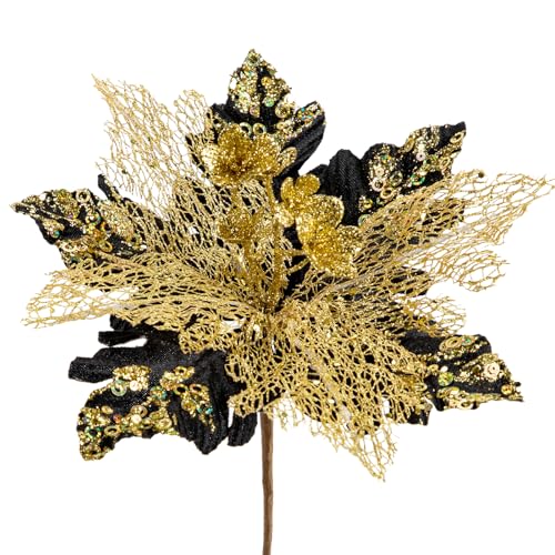 Briful 6PCS Poinsettias Christmas Tree Flowers 9.8'' Artificial Christmas Floral Picks and Sprays Large Black Silk Flowers with Stems for Xmas Home Vase Table Centerpiece Garland Decor - color: Black