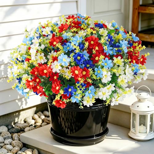 Uieke Artificial Flowers for Outdoors, 12 Bundles Daisy Mums Fake Flowers Realistic Faux Flowers Spring Summer Decoration UV Resistant for Planters Porch Patio Garden Window Box Outside Home Decor - color: Red, White, Blue, size: 12