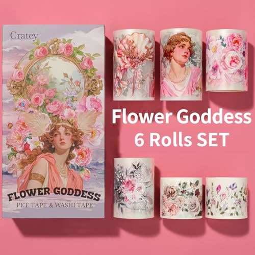 Pre-Cut PET Tape Stickers, Pet Washi Tape Set for Journaling - 4 Rolls PET & 2 Rolls Washi Tape, Greek Goddess Style with Renaissance Women & Architecture - color: Goddess
