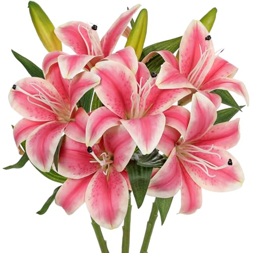Artificial Tiger Lily Silk Flowers - 3 Pcs Faux Lily Flower 14.9" Fake Lilies Bouquets Faux Stargazer Lilies Stem with 6 Heads & 3 Buds for Indoor Outdoor Home Table Wedding Decor (Bright Pink) - color: Bright Pink
