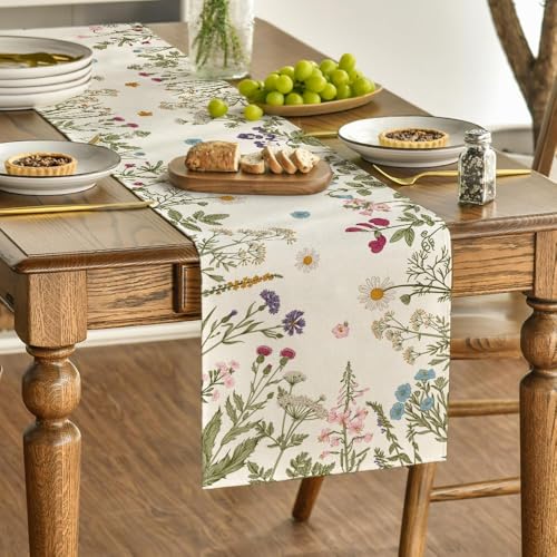 Artoid Mode Floral Wildflowers Herb Spring Table Runner, Seasonal Kitchen Dining Table Decoration for Home Party Decor 13x120 Inch - size: 13" x 120", Table Runner