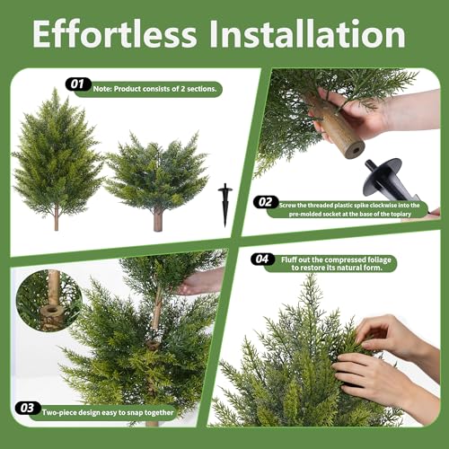 DREAMLOOM Artificial Topiary for Outdoors 3ft Artificial Cedar Trees 2 Set Fake Pine Tree with Spike Faux Shrubs Bushes Outside Front Porch Planter Garden Decor Entryway Home