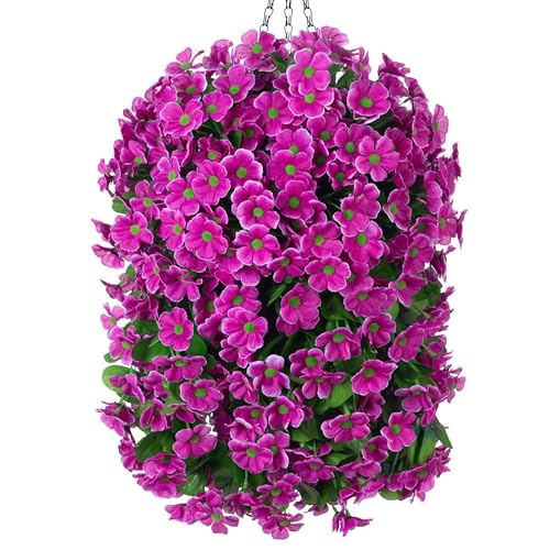 Ammyoo Artificial Hanging Flowers in 12 inch Basket, Fake Plant Silk Orchid Flower Arrangement with Coconut Lining Pot Planter for Patio Garden Porch Deck Spring Summer Decor(Light Purple) - color: Light Purple