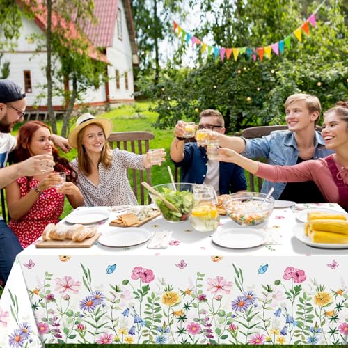 4.5x100 Feet Roll of Spring Floral Plastic Tablecloth,Pink Purple Blue Flower Butterfly Disposable Table Cover Summer Spring Photography Backdrop for Holiday Weeding Birthday Tea Party Decorations - size: 1181" x 54" (Rectangular)