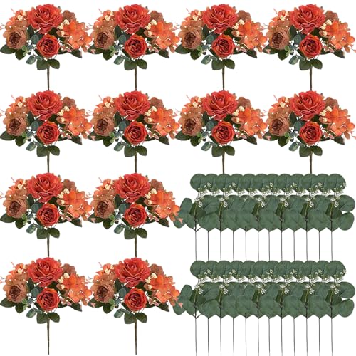 Burnt Orange Peony Artificial Flowers, Fall Faux Peonies Hydrangea Eucalyptus Bouquet 12 Packs Silk Vintage Realistic Peony Floral Arrangement for Wedding Centerpiece Table Vase Autumn Decor - color: Burnt Orange