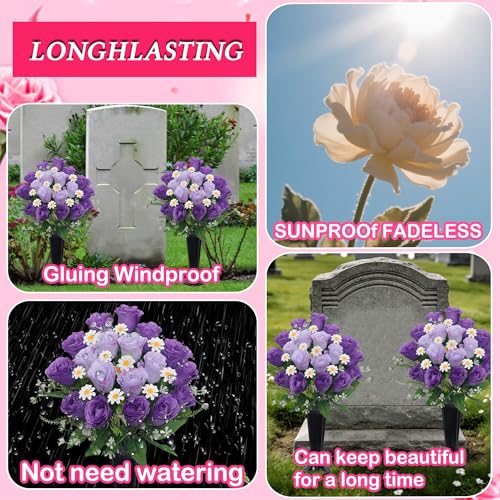 Wocst Artificial Cemetery Flowers for Grave Memorial Day Flowers for Cemetery,2Pack Artificial Silk Roses Daisy Bouquets with Cemetery Vases for Outdoor Grave Decorations ﻿ (Purple) - color: Purple