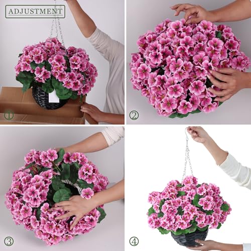 GLIDLION 2 Set Artificial Geraniums Flowers with Hanging Baskets for Outdoors - Sun Resistant Silk with Geranium Flowers, Fake Hanging Planters for Front Porch Garden Patio Home Decor (Pink) - color: Pink