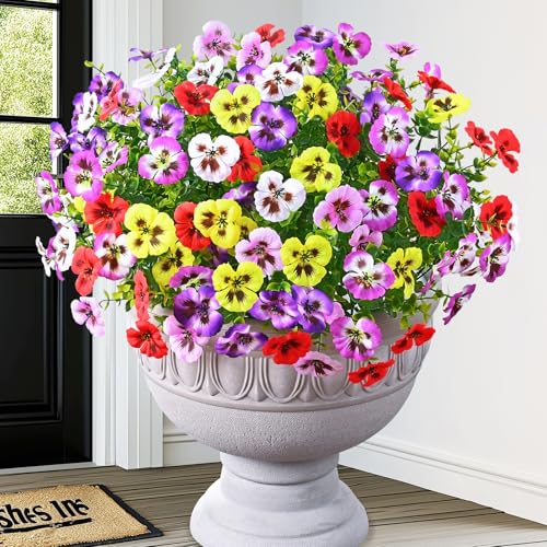 MARTINE MALL 12 Bundles Look Real Artificial Flowers for Outdoors, Realistic Fake Outdoor Flowers, UV Resistant Silk Pansy Flowers for Outside Faux Flowers Plants for Outdoor Porch, Four Mix Colors - color: Yellow+white+purple+red+light Pink+light Purple,