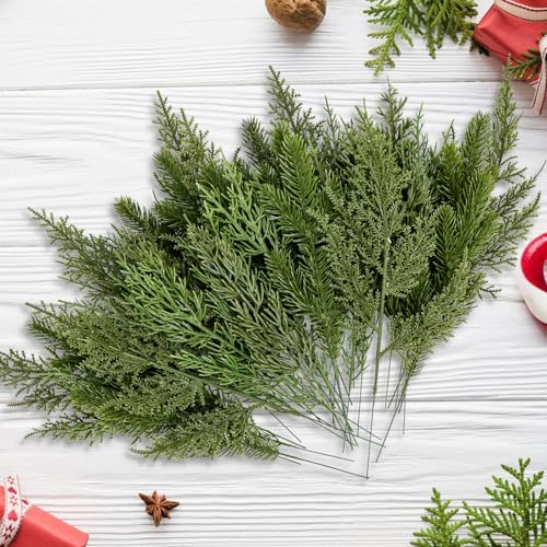 40 Pcs Artificial Pine Branches Assorted Faux Pine Stems Cedar Leaves Needle Sprigs Plastic Fake Christmas Greenery Pine Picks for Xmas Tree Wreaths Garlands DIY Accessories Home Decor (40, Green)