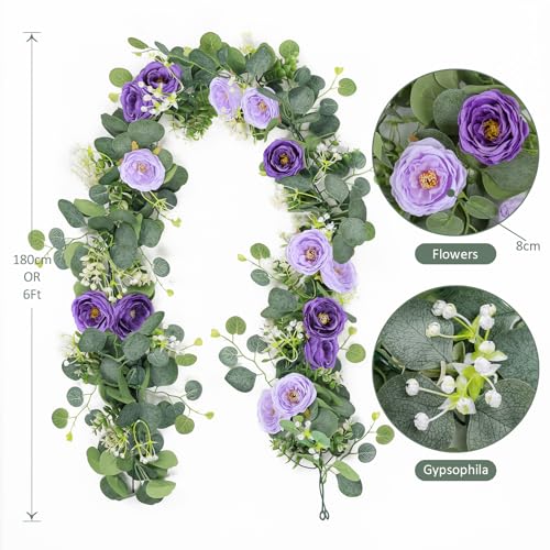 TOCHGREEN 2 Pack 13Ft Artificial Eucalyptus Flower Garland with Purple Roses, Fake Rose Flower Greenery Garland Floral Vines for Wedding Home Party Table Runner Decor (Purple, 2PCS) - color: Purple, size: 2PCS