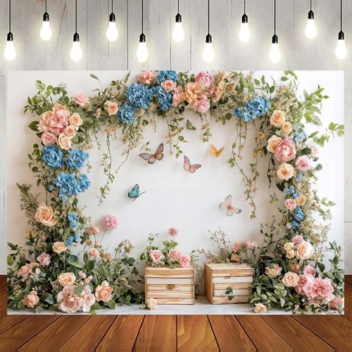 5x3ft Flower Butterfly Birthday Backdrop Spring Colorful Scenic Floral Flowers Wall Photography Backdrops Butterfly Fairy Tale Wedding Decoration Kids Birthday Party Background Photoshot - color: White, size: 5X3FT