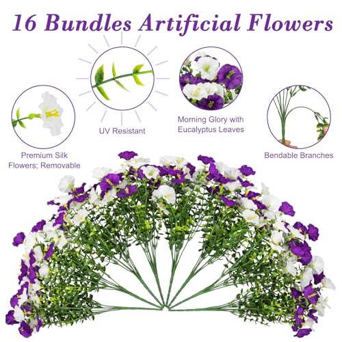 Artificial Flowers for Outdoors, 16 Bundles Mix Color Silk Faux Flowers Morning Glory UV Resistant Eucalyptus Plants Fake Petunias Plants for Porch Garden Planters Window Box Outside Indoor Decor - color: Purple White