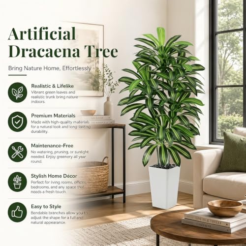 Artificial Dracaena Tree - 6FT Tall Fake Plants with White Tall Planter - Artificial Plants Indoor Floor Plant in Pot - Large Tropical Fake Yucca Potted Tree for Home Office Living Room Decor - color: White, size: 6 FT