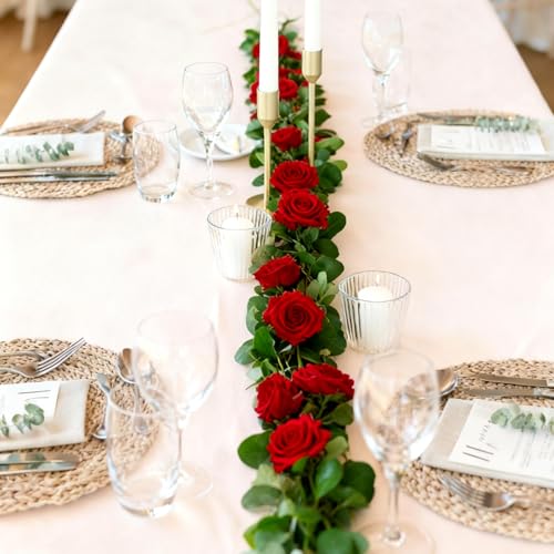 4Pcs Artificial Rose Vines Fake Flowers Garland with Green Leaves Faux Hanging Floral Plants for Bedroom Garden Patio Decor,Christmas Wedding Anniversary Birthday Party Decoration (Red) - color: Red, size: 4Pcs-large rose