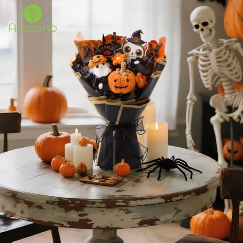 Alecono Crochet Flower Bouquet, Halloween Knitted Flowers, Black Handmade Pumpkin Bouquet of Flowers for Kids Baby Festival Gifts (Include Card) - color: Halloween
