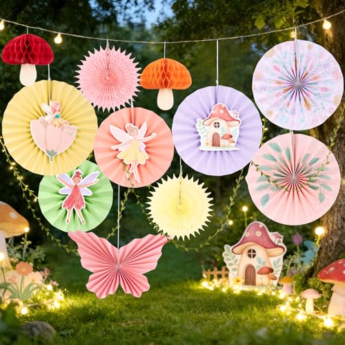 EASY JOY Fairy First Birthday Decorations Fairy Party Decors Fairy Paper Fan Set Pastel Paper Fans Butterfly Fans with Vines Hanging Mushroom Honeycomb for Baby Shower Birthday Tea Party Garden Forest - color: Fairy