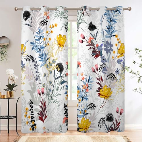 Renaiss Botanical Plants Blackout Curtains, Wild Flowers Plants Print Thermal Insulated Bedroom Window Curtains, Boho Floral Window Curtains for Kitchen, 45" L x 29" W 2 Panel Set - color: Bright Color, size: 29"W x 45"L (Pack of 2)