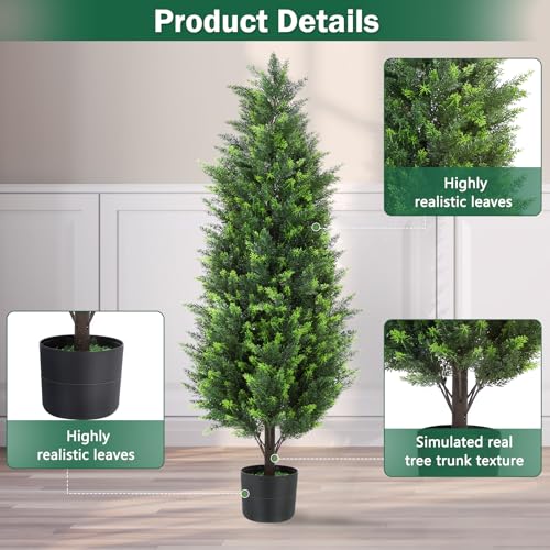 4FT Tall Artificial Cedar Topiary Trees Set of 2, Artificial UV Resistant Potted Plants, Faux Bushes Fake Shrubs for Outdoor Indoor Home Entryway Front Porch Garden Patio Offices Living Room Decor