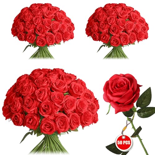 50PCS Artificial Silk Roses Flowers – Realistic Fake Roses in Bulk & Bouquet Long Stem Red Rose for Wedding Centerpieces, Home Decor, Floral Arrangements, Party Decoration (Red) - color: Red, size: 50 Pcs