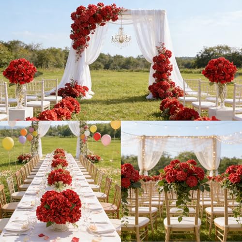 6PCS Realistic Artificial Silk Hydrangea Flowers, Premium Fake Hydrangea Flowers Bouquet with Stems, Full Faux Hydrangea Blooms for Home Wedding Table Party Office Decorations(Red) - color: Red